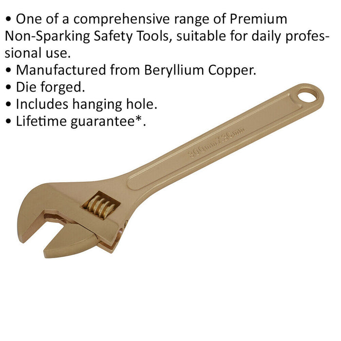 300mm Non-Sparking Adjustable Wrench - 36m Jaw Capacity - Beryllium Copper Loops