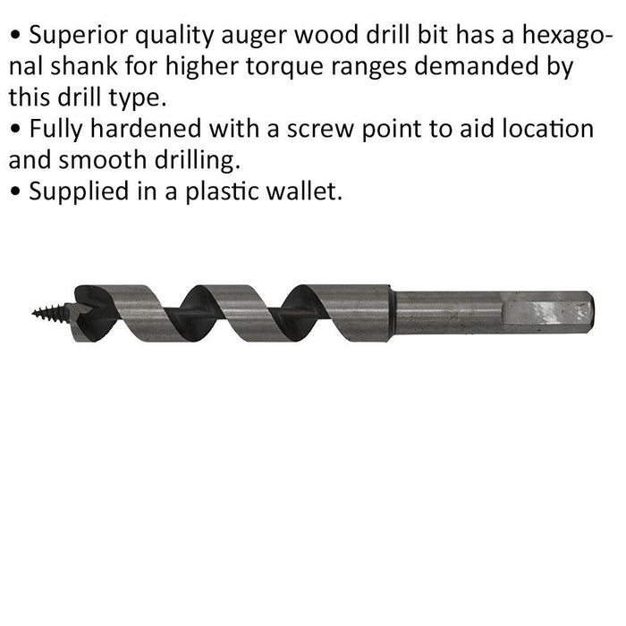 16 x 155mm Hardened Auger Wood Drill Bit - Hexagonal Shank - Woodwork Timber Loops