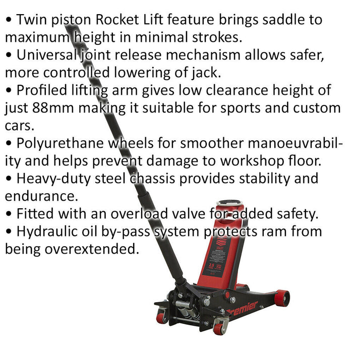PREMIUM 2.5T 88mm Low Entry Trolley Jack & Rocket Lift - Sports & Custom Cars Loops