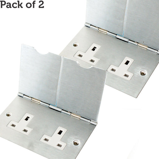 2x Double Floor Plug Socket Outlet UK Electrical 2 Gang 13a Mains Brushed Steel Loops