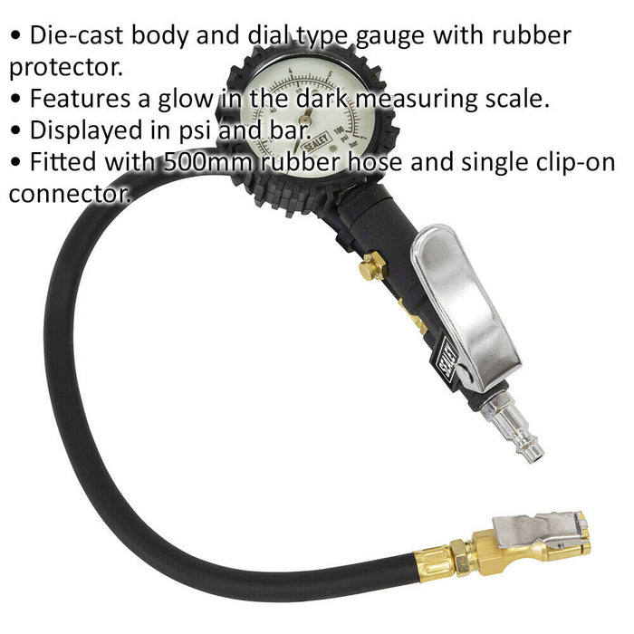 Premium Tyre Inflator - Clip-On Connector - 0.5m Hose & Glow In The Dark Gauge Loops