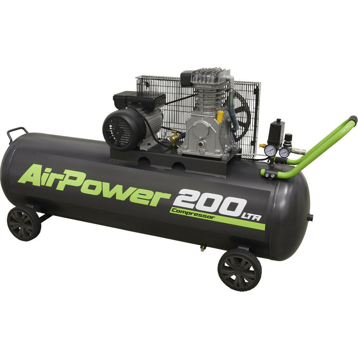 200 Litre Mobile Belt Drive Air Compressor - 3hp Motor - Quick Release Coupling Loops