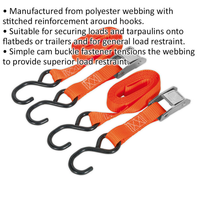 25mm x 2.5m 250KG Cam Buckle Tie Down Set - Outdoor Polyester Webbing & S-Hooks Loops