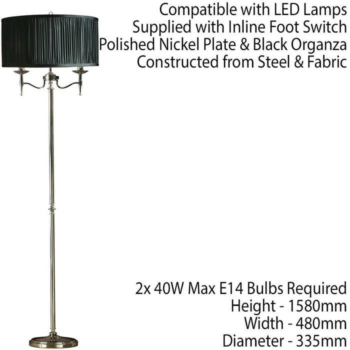 Luxury Classic Twin Arm Feature Floor Lamp Polished Nickel & Black Organza Shade Loops
