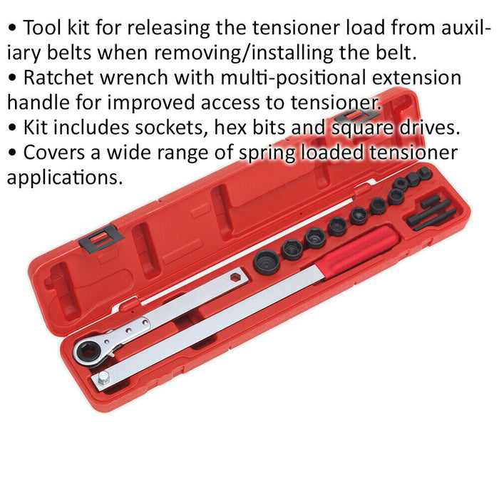 Ratchet Action Auxiliary Belt Tension Tool Kit & Extension Handle - Hex Sockets Loops