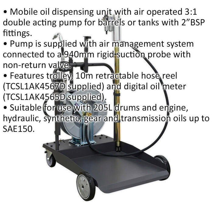 Air Operated Oil Dispensing System - 10m Retractable Hose Reel - Mobile Trolley Loops