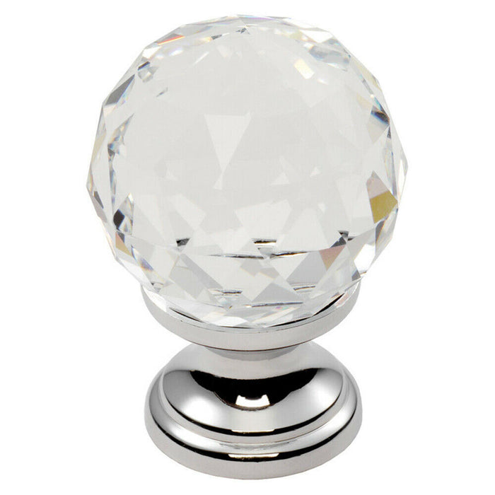 Faceted Crystal Cupboard Door Knob 31mm Dia Polished Chrome Cabinet Handle Loops
