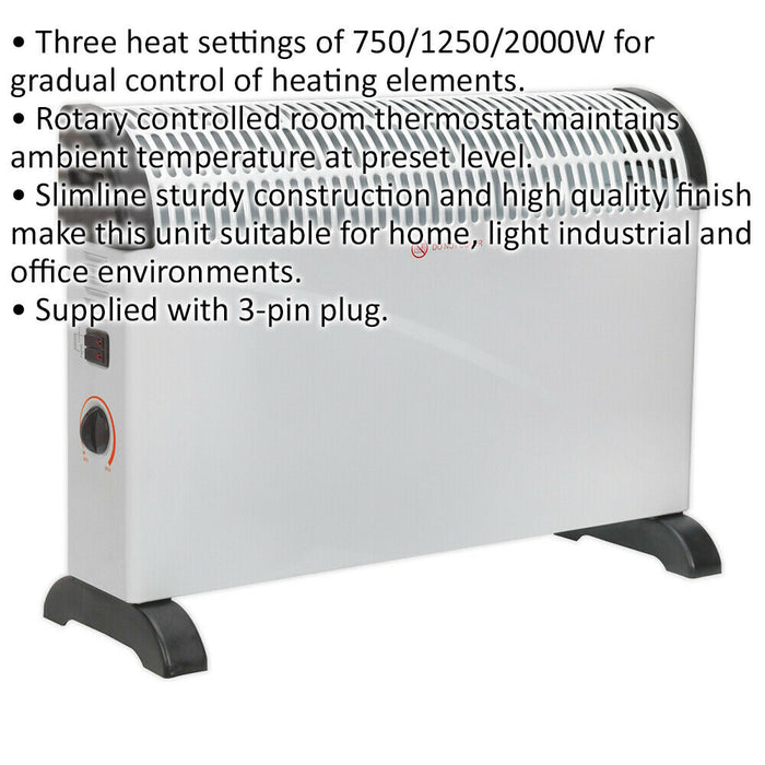 2000W Convector Heater - Rotary Thermostat - 3 Heat Settings - 230V Supply Loops