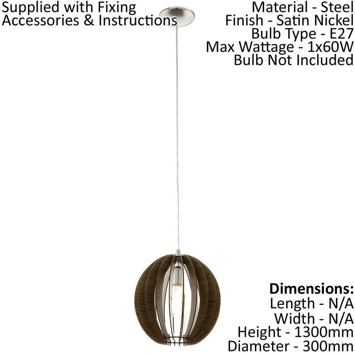 Pendant Ceiling Light Colour Satin Nickel Shade Brown Wood Bulb E27 1x60W Loops