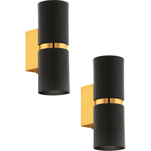 2 PACK Wall Light 2x Black Shades Gold Banding & Back Plate GU10 3.3W Included Loops