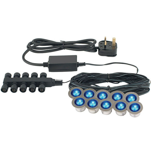 IP67 Decking Plinth Light Kit 10x 0.45W Blue Round Garden Lamps Outdoor Rated Loops