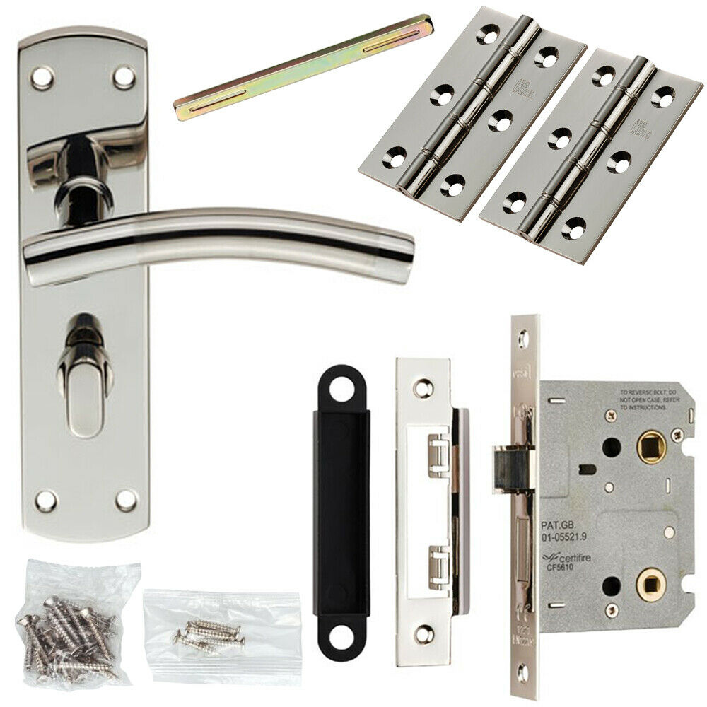 Door Handle & Bathroom Lock Pack Polished & Satin Steel Curved Turn Backplate Loops