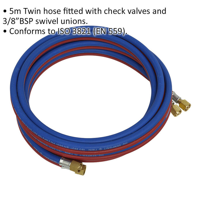 5m Twin Rubber Oxyacetylene Hose Set - 3/8" BSP Swivel Unions - Check Valves Loops