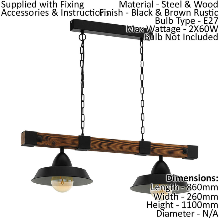 Hanging Ceiling Pendant Light Black & Rustic Wood 2 Bulb Kitchen Island Dining Loops