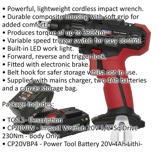 20V Cordless Impact Wrench Kit - 1/2" Sq Drive - With 2 x Batteries & Charger Loops