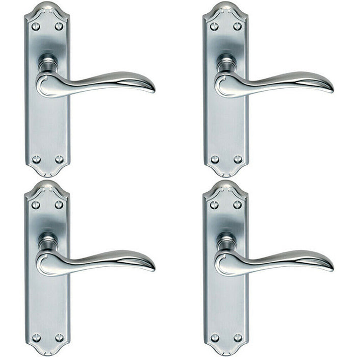4x PAIR Curved Door Handle Lever on Latch Backplate 180 x 45mm Satin Chrome Loops