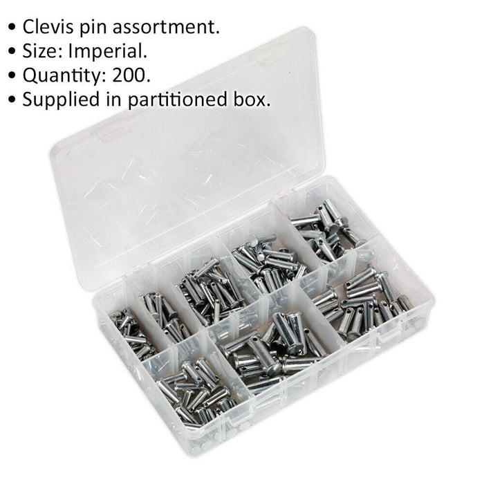 200 Piece Clevis Pin Assortment - Imperial Sizing - Securing Fastener Pins Loops