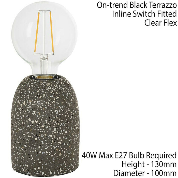 Modern Terrazzo Mini Table Lamp Black Speckled Marble Bedside Bulb Holder Light Loops