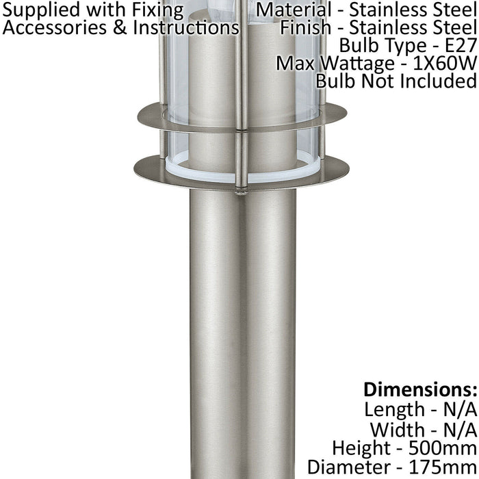 IP44 Outdoor Bollard Light Stainless Steel 500mm 60W E27 Driveway Lamp Post Loops