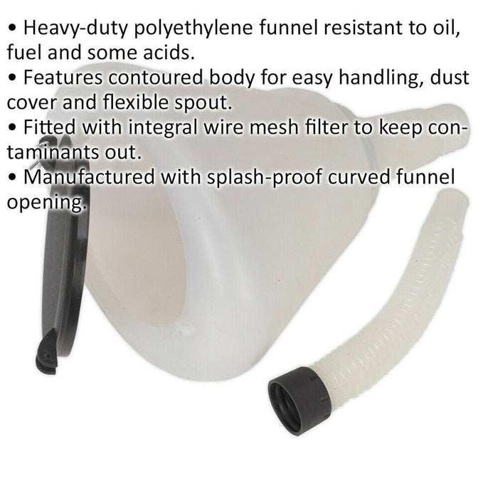 200mm Heavy Duty Funnel with Closing Lid - Removable Flexi Spout - Mesh Filter Loops