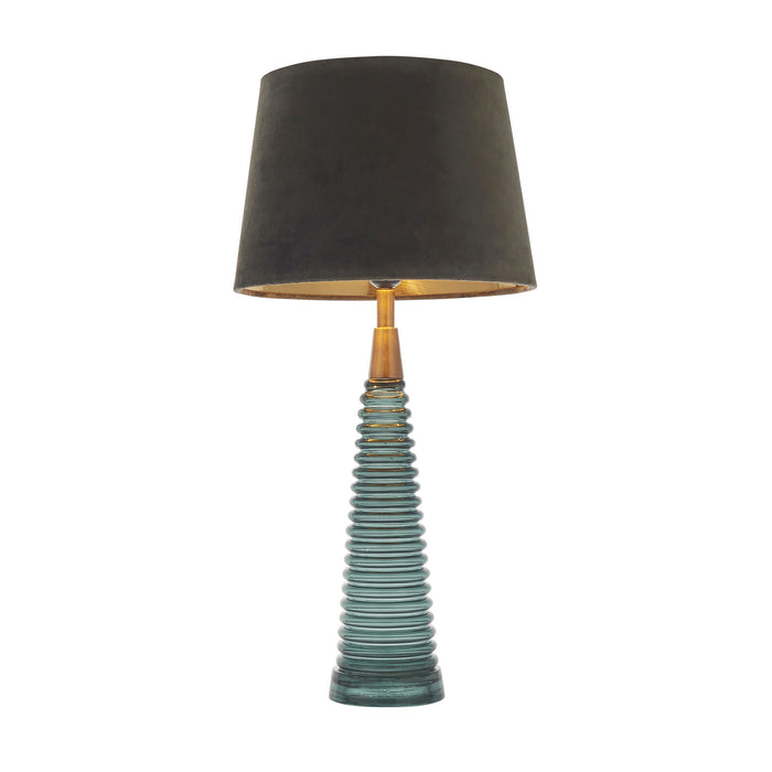 Table Lamp - Teal Ribbed Glass, Antique Brass Effect & Mocha Velvet - 40W E27 Loops