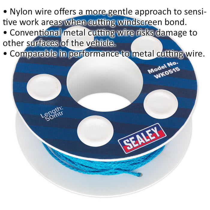 50m Nylon Windscreen Cutting Wire - For Use with Wire Grips - Bond Removal Loops