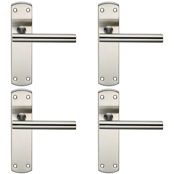 4x Mitred T Bar Lever Door Handle on Latch Backplate 172 x 44mm Satin Steel Loops