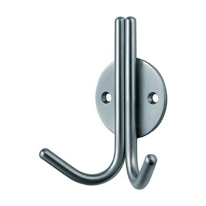 4x Slimline Double Coat Hook on Round Rose 35mm Projection Satin Stainless Steel Loops