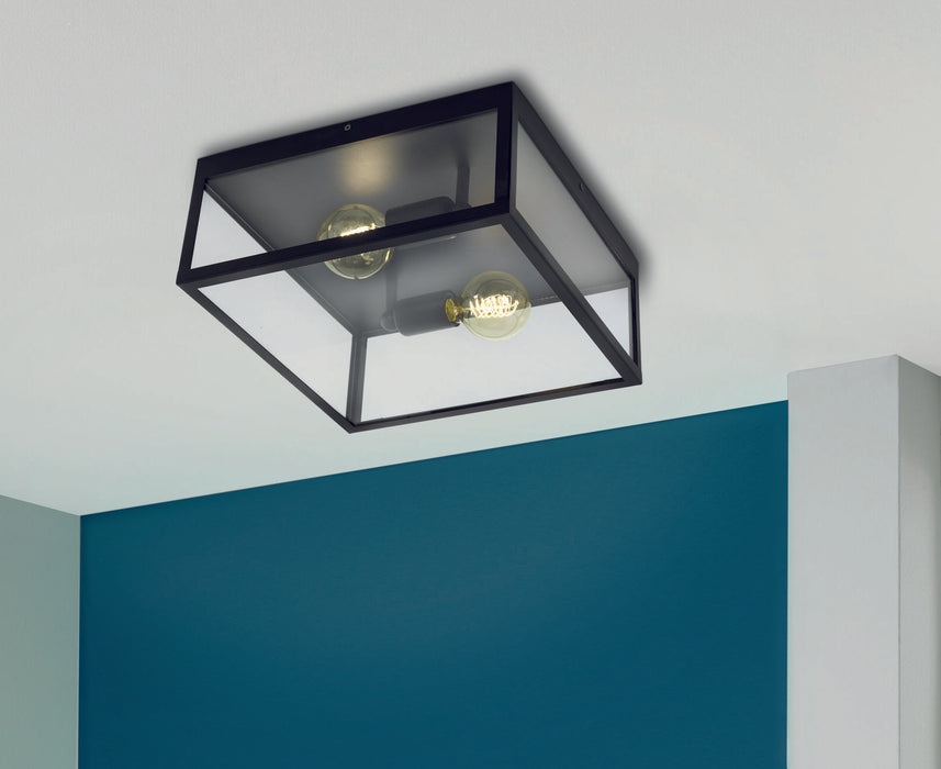 Semi Flush Ceiling Light Black Steel & Glass Box 2 x 60W E27 Bulb Feature Loops
