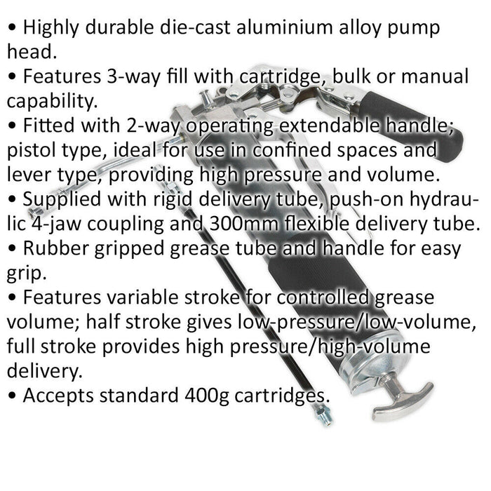 Heavy Duty Grease Gun - 2-Way Operation - Pistol & Lever Type - 3-Way Fill Loops