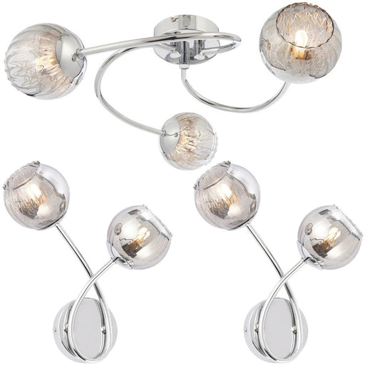 3 Arm Ceiling & 2x Wall Light Pack Chrome Smoked Glass Matching Indoor Fittings Loops