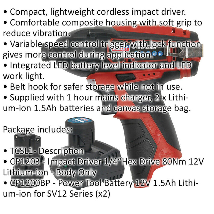 1/4 Inch Hex Drive Cordless Impact Driver - 2 x 12 V Li-on Batteries Included Loops