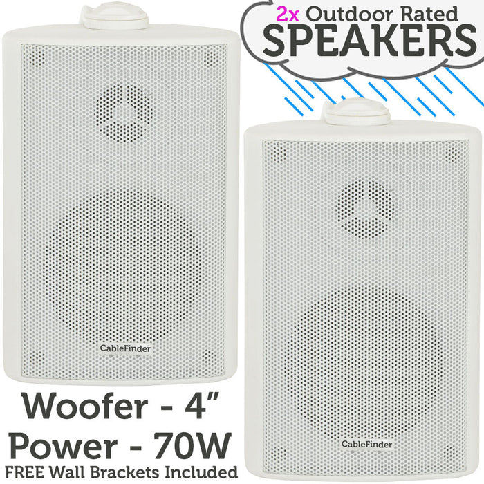 (PAIR) 2x 4" 70W White Outdoor Rated Speakers Wall Mounted HiFi 8Ohm & 100V