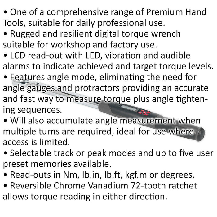 Digital Torque Wrench with Angle Function - 1/2" Sq Drive - 20 to 200 Nm Range Loops