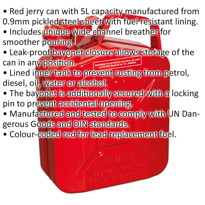 5 Litre Jerry Can - Leak-Proof Bayonet Closure - Fuel Resistant Lining - Red Loops