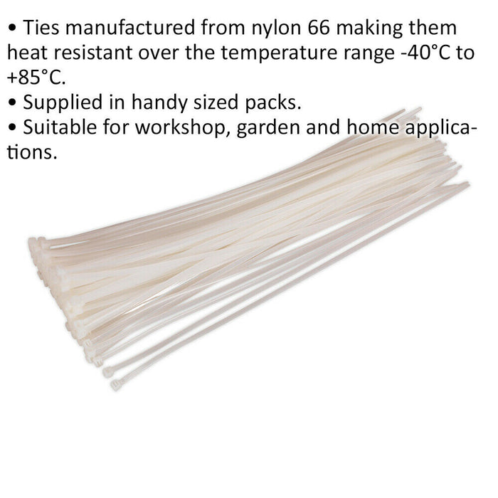 100 PACK White Cable Ties - 380 x 4.4mm - Nylon 66 Material - Heat Resistant Loops