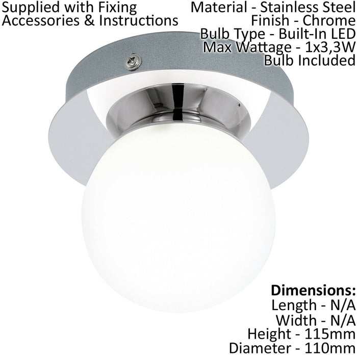 Wall Flush Ceiling Light Chrome & White Glass Opal Matt Bulb Shade LED 1x3.3W Loops