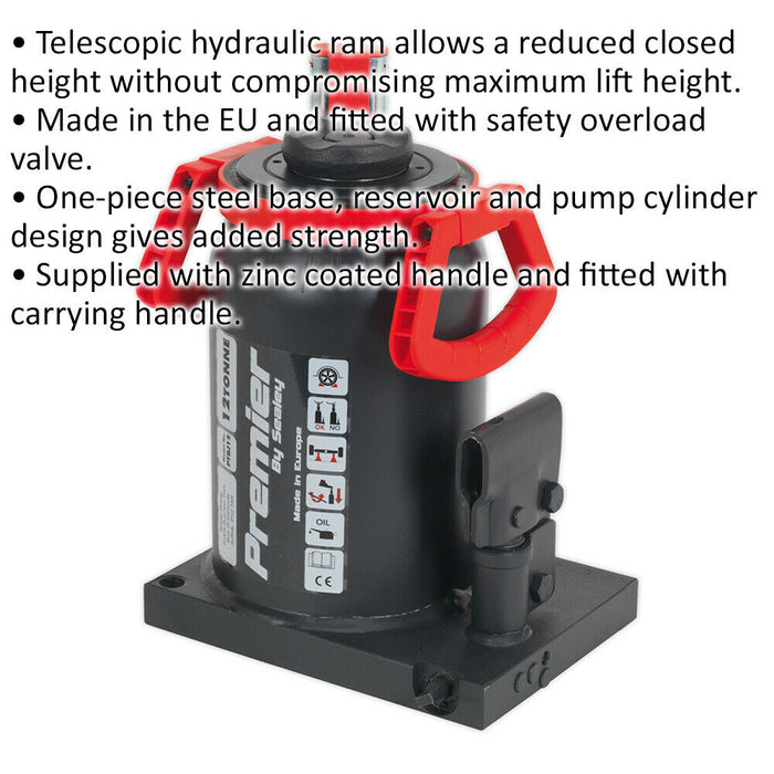 12 Tonne One-Piece Steel Bottle Jack with Telescopic Ram - 571mm Maximum Height Loops