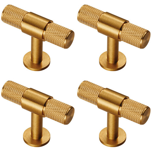 4x Knurled Cupboard T Shape Pull Handle 50 x 13mm Satin Brass Cabinet Handle Loops