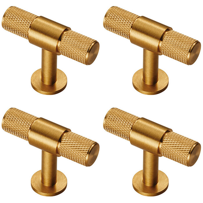 4x Knurled Cupboard T Shape Pull Handle 50 x 13mm Satin Brass Cabinet Handle Loops