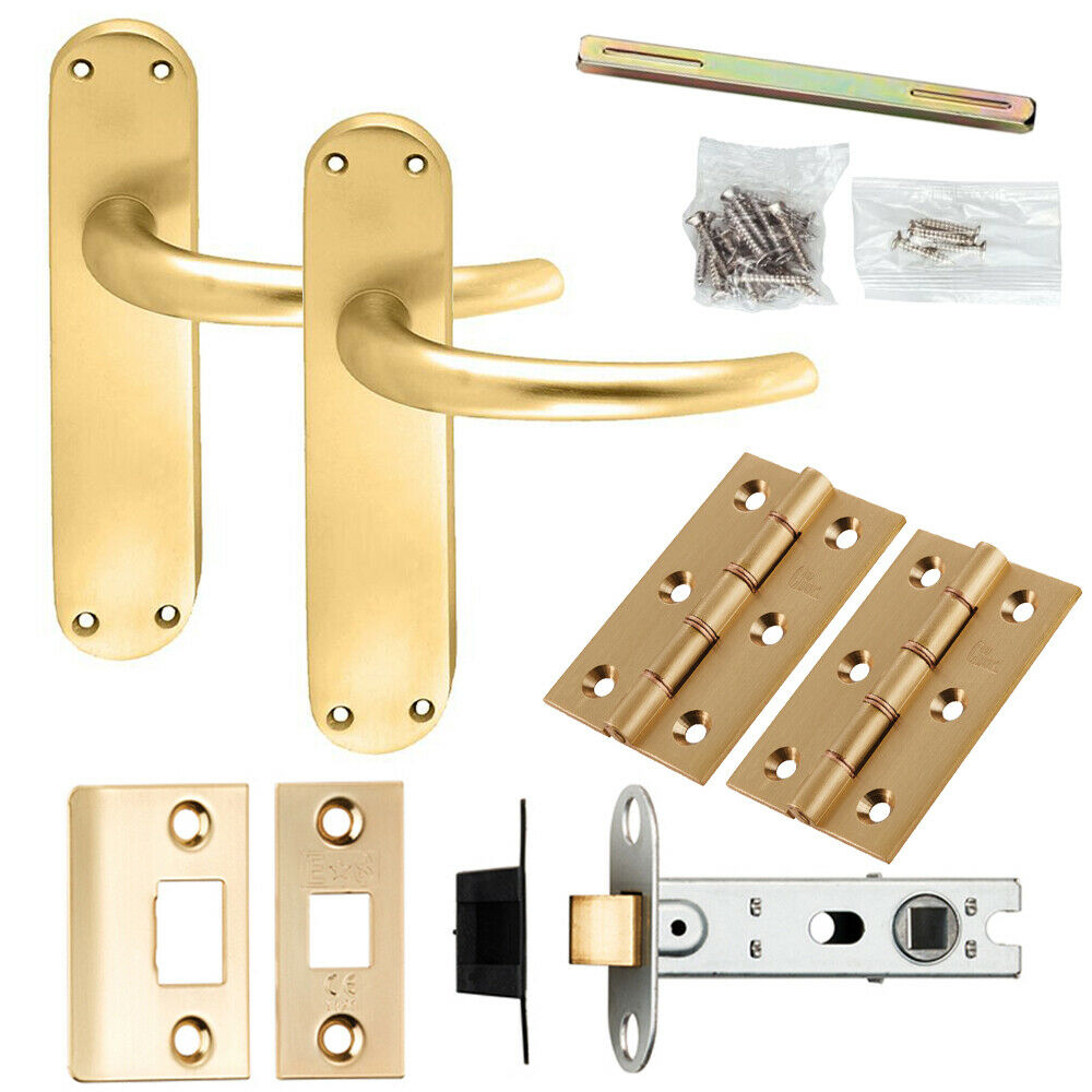 Door Handle & Latch Pack Satin Brass Slim Round Bar Lever Curved Backplate Loops