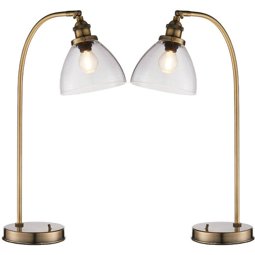 2 PACK Industrial Curved Table Lamp Antique Brass & Glass Modern Bedside Light Loops