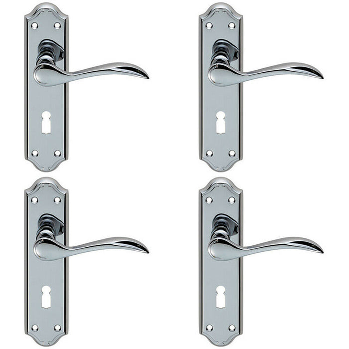 4x PAIR Curved Door Handle Lever on Lock Backplate 180 x 45mm Polished Chrome Loops