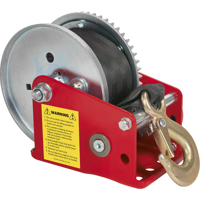 Geared Hand Winch with Brake & Webbing - 540kg Capacity - Hardened Steel Gear Loops