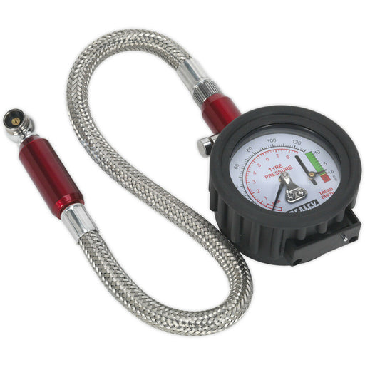 120psi Premium Tyre Pressure Gauge & Tread Depth Reader - 335mm Armoured Hose Loops