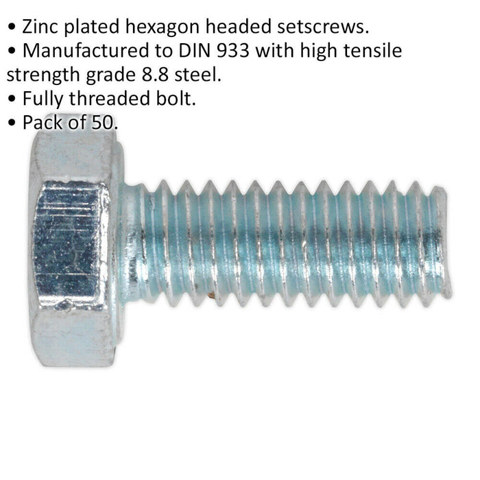 50 PACK HT Setscrew - M4 x 16mm - Grade 8.8 Zinc - Fully Threaded - DIN 933 Loops