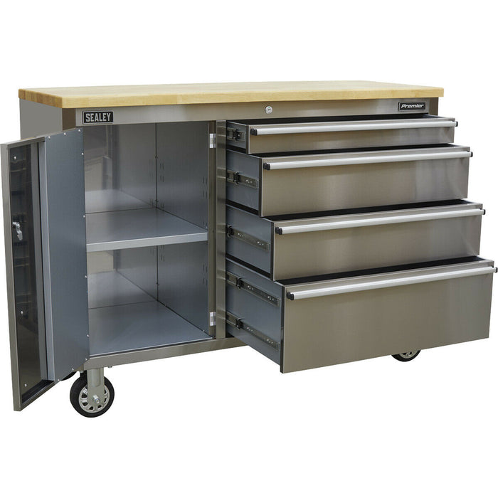 1220 x 460 x 950mm 4 Drawer Tool Chest - STAINLESS STEEL Wood Topped Mobile Case Loops