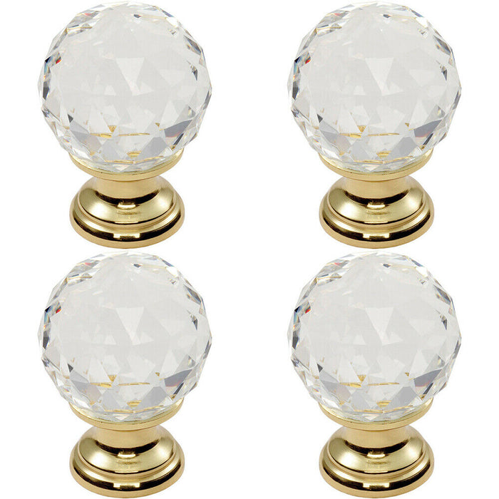 4x Faceted Crystal Cupboard Door Knob 25mm Dia Polished Brass Cabinet Handle Loops
