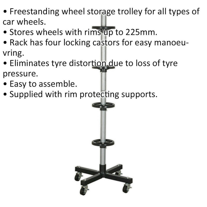 Freestanding Wheel Storage Trolley - Four Locking Castors - 100kg Capacity Loops