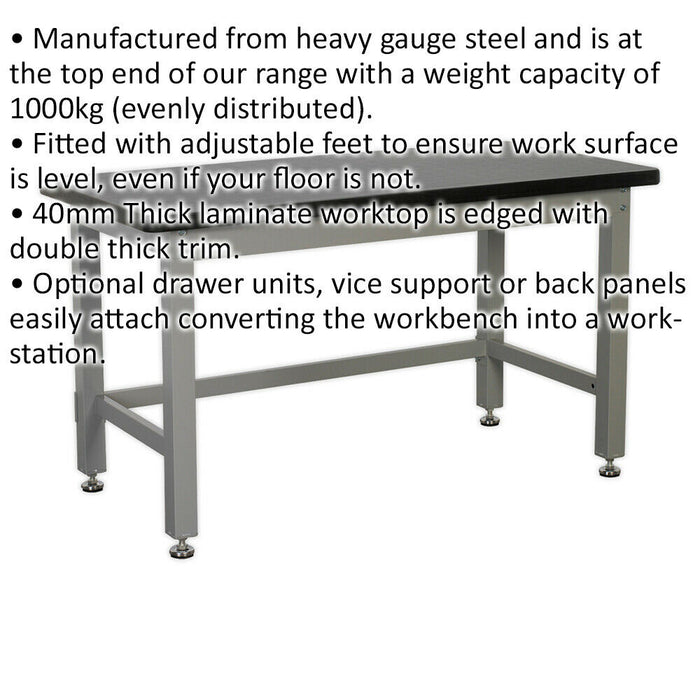 Steel Industrial Workbench - 1500mm x 750mm Laminate Worktop - Adjustable Feet Loops